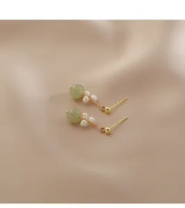 Chinese style green jade bead pearl earrings 925 silver needle delicate retro jewelry