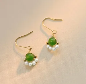 Elegant green jade imitation and pearl dangle earrings, minimalist Chinese style gold hook jewelry.