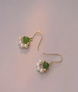 Elegant Chinese style pearl and jade dangle earrings for women, exquisite daily jewelry.