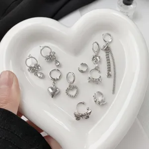 Silver zircon earrings set, chic metal hoop and bow design for women, daily fashion jewelry.