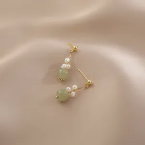 Elegant pearl and green jade drop earrings with gold plated studs for women simple daily wear
