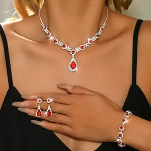 Red rhinestone jewelry set necklace and drop earrings bracelet for women wedding party