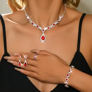Elegante set di gioielli collana orecchini anello bracciale goccia rubino strass donna
