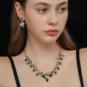 Set collana orecchini strass verde sposa, gioielli da matrimonio lusso in lega donna.