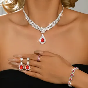 Squisito strass rosso goccia collana orecchini anello bracciale gioielli set dettaglio.