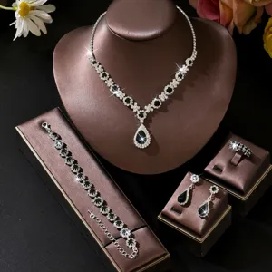 Elegant black crystal teardrop necklace earrings bracelet ring jewelry set for women wedding.