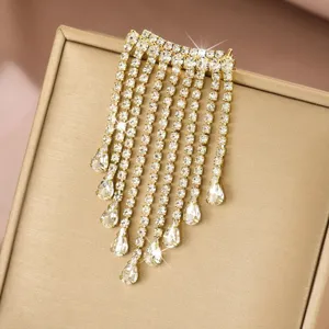 Elegante spilla con nappa in strass dorati, spilla in cristallo a goccia per abbigliamento donna.