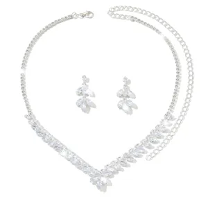 Parure collier boucles d'oreilles feuille zirconia, bijoux strass argenté élégant.