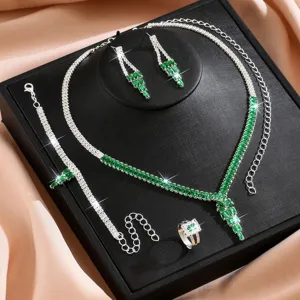 Conjunto de joyas de cuatro piezas collar pendientes pulsera anillo circonita esmeralda