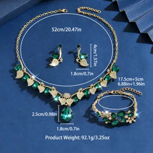 Elegante set di gioielli vintage con collana orecchini bracciale goccia gemma verde.