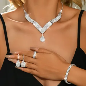 Lussuoso Set di Gioielli con Strass Collana Orecchini Bracciale Anello per Donna Moda Ciondolo a Goccia d'Acqua Accessori per Gioielli da Festa