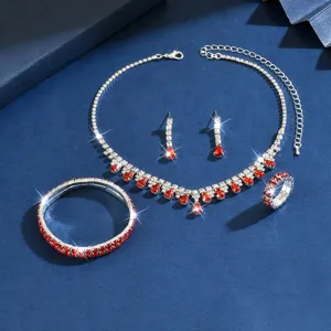 Luxueuze verzilverde bruid sieradenset met rode kristallen ketting oorbellen armband ring