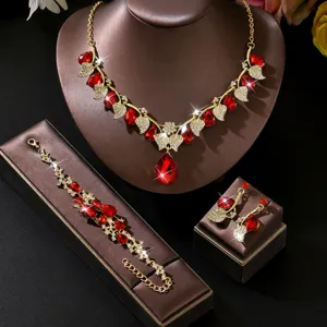 Retro rosso goccia pietra preziosa foglia collana orecchini bracciale set di gioielli.