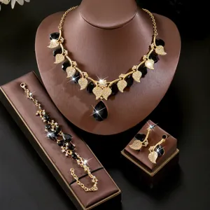 Set di gioielli vintage collana bracciale orecchini foglia goccia nera dorato elegante