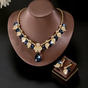 Set di gioielli collana e orecchini foglia gemma blu scuro stile retro elegante per donne.