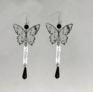 Detail shot of New Chinese ink butterfly earrings featuring long tassel and waterdrop pendant.