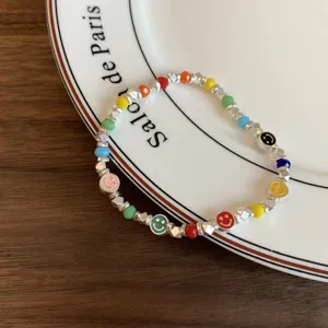 Colorful smiley face beaded bracelet cute rainbow metal spacer jewelry accessory for women