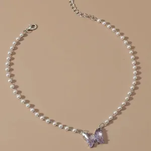 Elegant pearl choker necklace with a purple crystal butterfly pendant, sweet design jewelry.