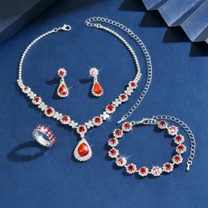 Stunning silver rhinestone jewelry set with necklace earrings bracelet ring for wedding party.