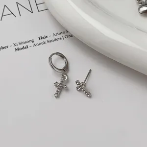 Silver Zircon Cross Earrings Set Niche Design Dangle Hoop and Stud Earrings Elegant