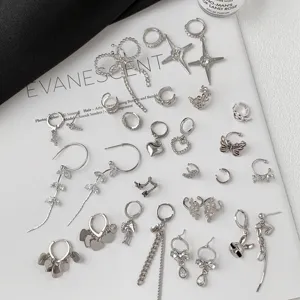 Silver Color Alloy Rhinestone Earrings For Women Ins Style Geometric Butterfly Heart Star Cross Ear Clips Ear Cuffs Fashion Elegant Jewelry