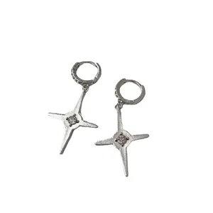 Silver four-pointed star dangle hoop earrings featuring a sparkling central zircon for women.
