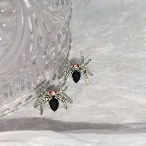 Silver spider stud earrings with black stone and red crystal eyes, sweet and cool style.