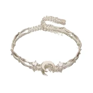 Pulsera plateada de estrella y luna para mujer, joya minimalista de cadena.