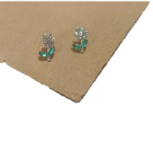 Silver rhinestone flower earrings with green leaf design, small sweet cool stud earrings for women.