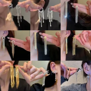 Elegant Alloy Rhinestone Long Tassel Drop Earrings For Women Luxury Butterfly Heart Star Inlaid Geometric Pendant Ear Studs Fashion Commute Statement Jewelry Gifts