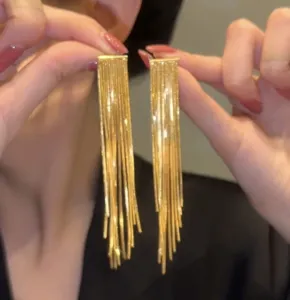 Elegant long gold tassel earrings for women, chic European style statement jewelry for daily wear.