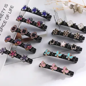 Dames Dubbellaagse Gevlochten Strass Haarclip Mode Bloemen Vlinder Eendensnavel Clip