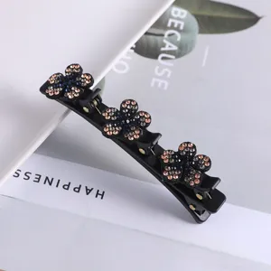 Detail strass bloem dubbele haarspeld, zwarte sprankelende kristallen eendenbek haarclip.
