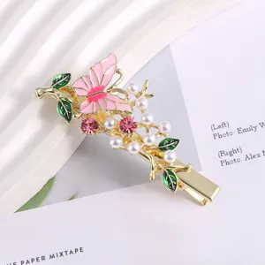 Gold metal hair clip with pink butterfly faux pearls rhinestones sweet side clip stylish accessory