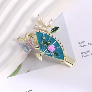 Metal fan hair clip with pearls and butterfly, Korean style side hairpin for women.