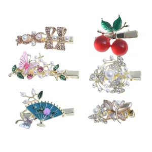 Korean style metal rhinestone pearl hair clips set, cute cherry butterfly hairpins.