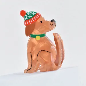 Acrylic cute dog hair claw clip with Christmas hat, creative animal hairpin gift for women.