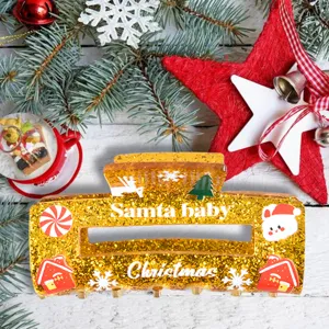 Christmas glitter resin hair claw clip with cute holiday prints, perfect for festive winter hair styling.
