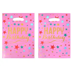 Pink foil birthday gift bags detail, colorful star pattern with gold Happy Birthday text.
