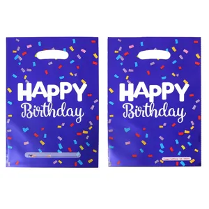 Colorful foil birthday gift bags with happy birthday text and confetti pattern for party return.
