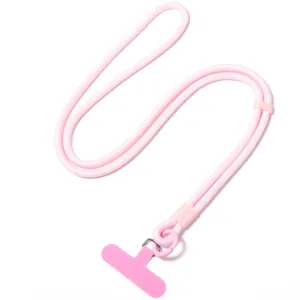 Dettaglio laccio per telefono intrecciato rosa, tracolla regolabile con linguetta per dispositivi.