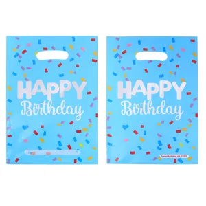 Blue birthday gift bags with colorful confetti pattern and handle for kids party and candy.