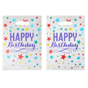 Colorful Happy Birthday gift bags with star patterns, plastic party favor treat bags.