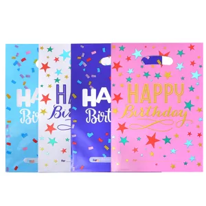Colorful aluminum film birthday gift bags with stars and ribbons, party gift packaging.