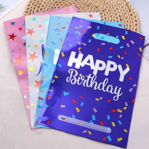 Colorful aluminum foil birthday gift bags with star confetti patterns for party candy packaging.