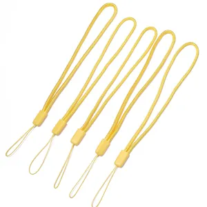 Cinturini corti rotondi in poliestere giallo per cellulari, chiavette USB e piccoli accessori.