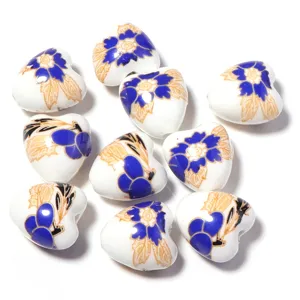 Perles en vrac en céramique cœur motif floral bleu or pour accessoires de bijoux DIY