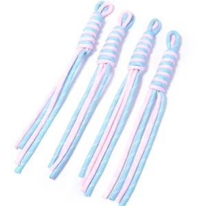 Handmade woven nylon lanyard detail, pink and blue striped keychain accessory for DIY bags.