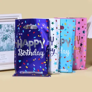 Colorful aluminum foil birthday gift bags with star confetti pattern, perfect for kids party.