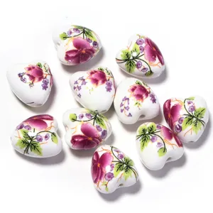 Perles coeur en ceramique motif floral bricolage fabrication de bijoux composants.